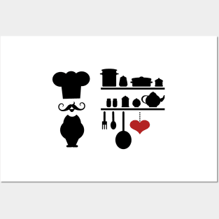 Chef silhouette with kitchen elements Posters and Art